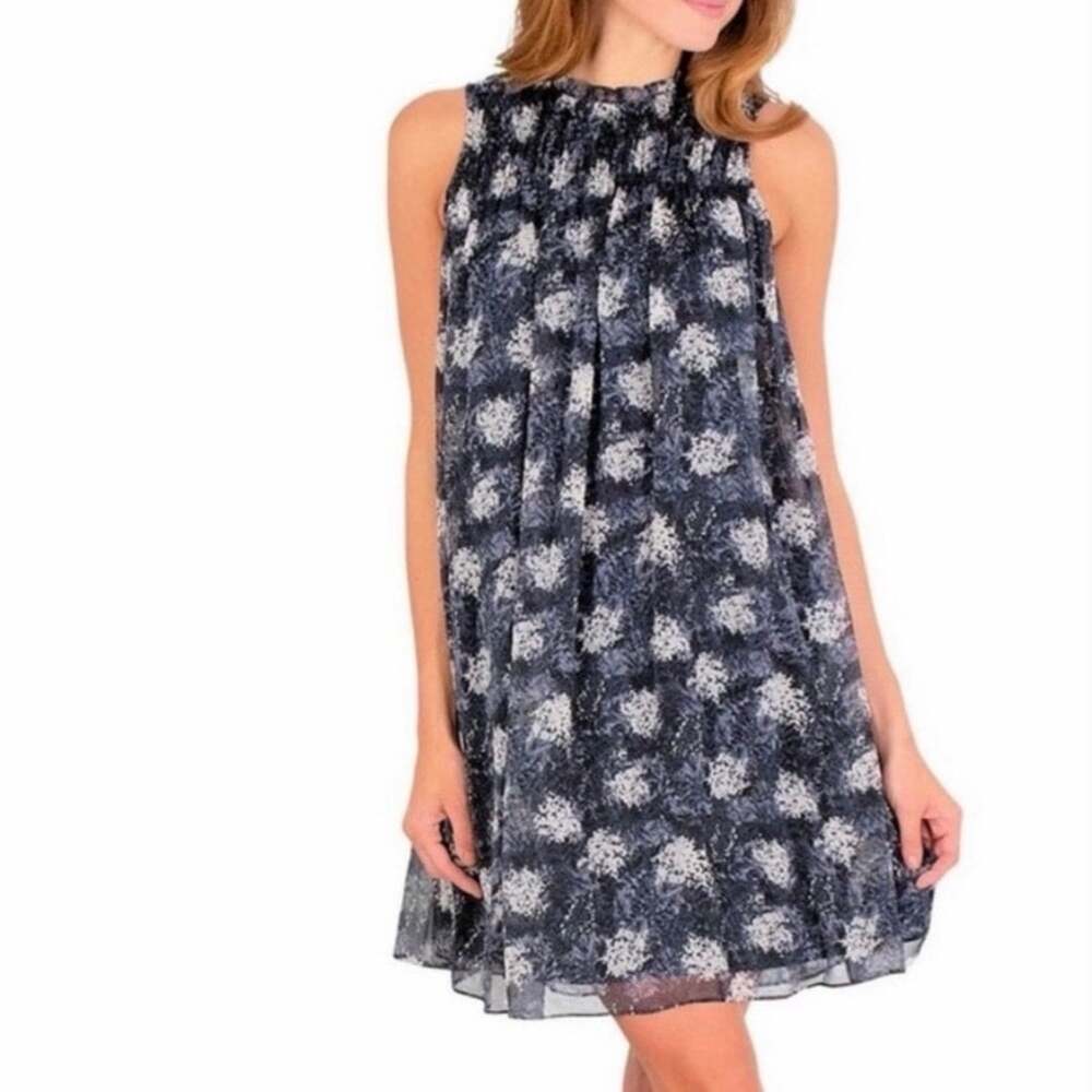 Joie Baltic Print Shift Dress Floral Sleeveless Ruffle Neck Navy Mini Dress